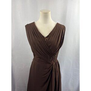 Elegant Brown Evening Gown With Beaded Embellishments & Pleated V-Neck Design